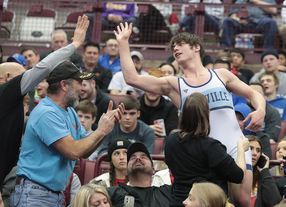 Dominic Hoffarth celebrates his Division II 138-pound state championship win in the stands with his family last season.