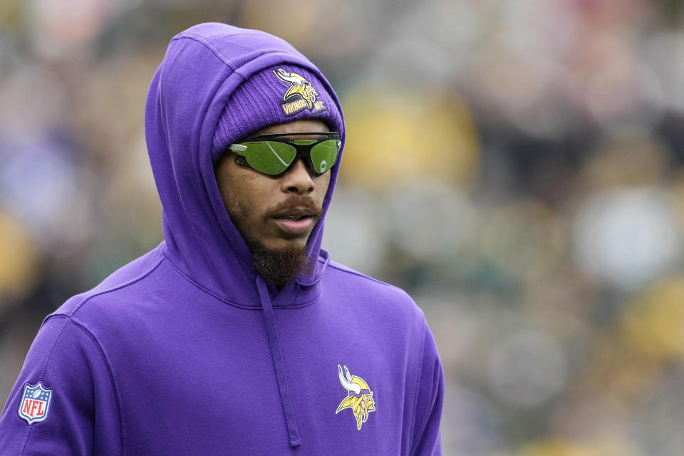 GREEN BAY, WISCONSIN - OCTOBER 29: Justin Jefferson #18 of the Minnesota Vikings looks on prior to the game against the Green Bay Packers at Lambeau Field on October 29, 2023 in Green Bay, Wisconsin. (Photo by Patrick McDermott/Getty Images)