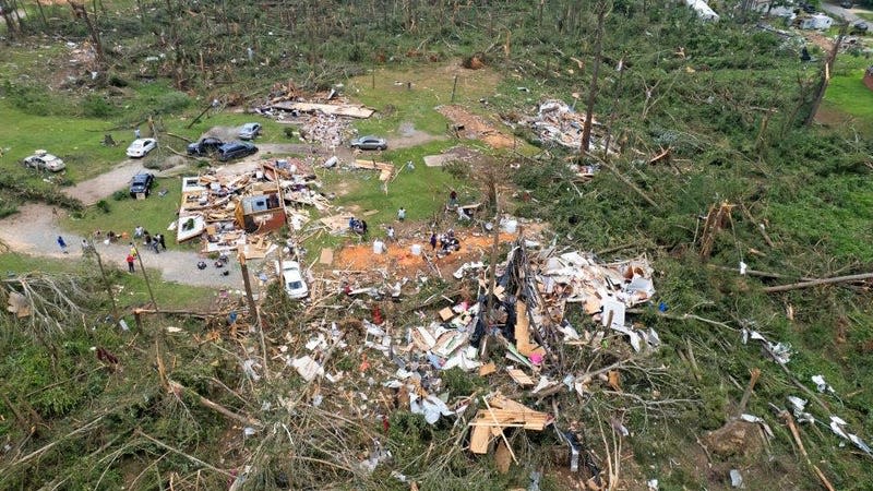 In this aerial view, tornado damage to homes is seen on Country Road 16142 on June 19, 2023 in Louin, Mississippi. 