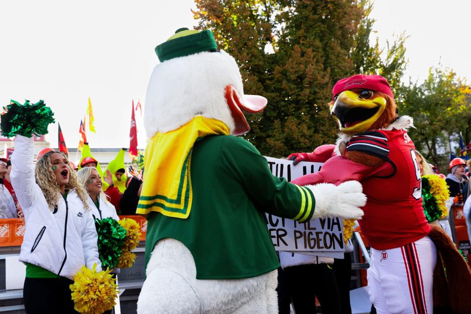 The Oregon Duck and Utah’s Swoop interact during the filming of ESPN’s “College GameDay” show at the University of Utah in Salt Lake City on Saturday, Oct. 28, 2023. | Megan Nielsen, Deseret News