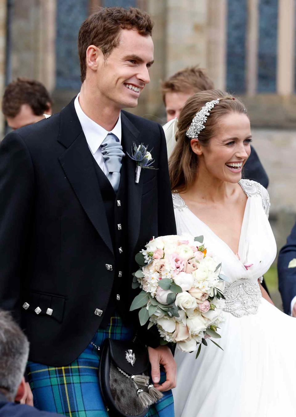 Andy Murray and Kim Sears leave Dunblane Cathedral after their wedding on April 11, 2015 in Dunblane, Scotland