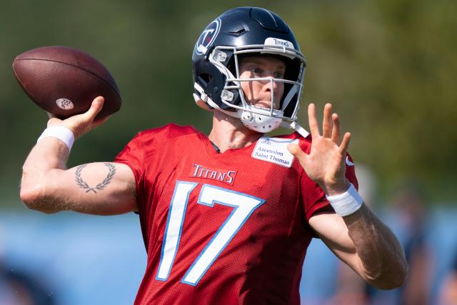 Tennessee Titans quarterback Ryan Tannehill (17) leaves the field