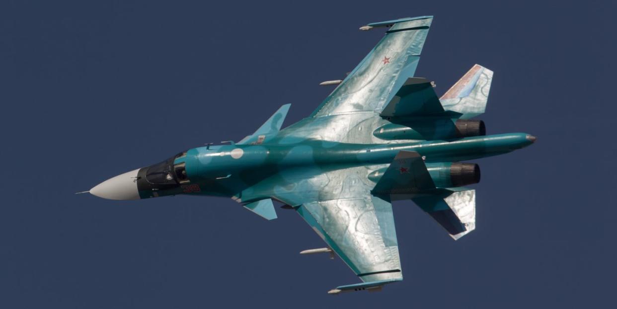 sukhoi su 34 jet fighter bomber of russian air force performs its demonstration flight at maks 2015 airshow near zhukovsky