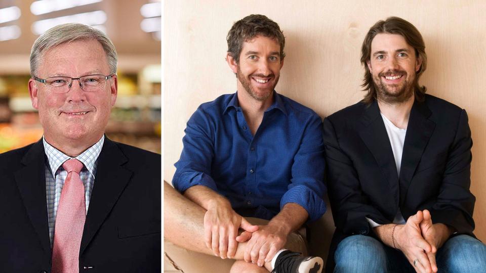 Coles chief executive Steven Cain on the left, and Atlassian's Mike Cannon-Brookes and Scott Farquhar.