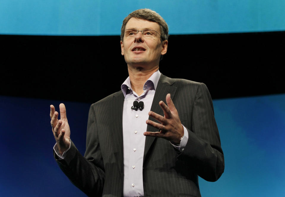 Thorsten Heins, president and CEO of Research In Motion, the company that makes BlackBerry, delivers the keynote speech during the BlackBerry World conference, Tuesday, May 1, 2012, in Orlando Fla. (AP Photo/Reinhold Matay)