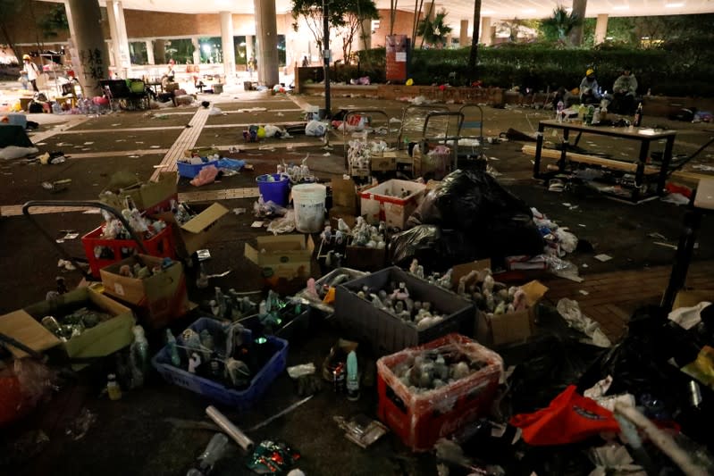 A view of the belongings and supplies left by anti-government demonstrators after surrendering inside the Hong Kong Polytechnic University (PolyU) campus, in Hong Kon