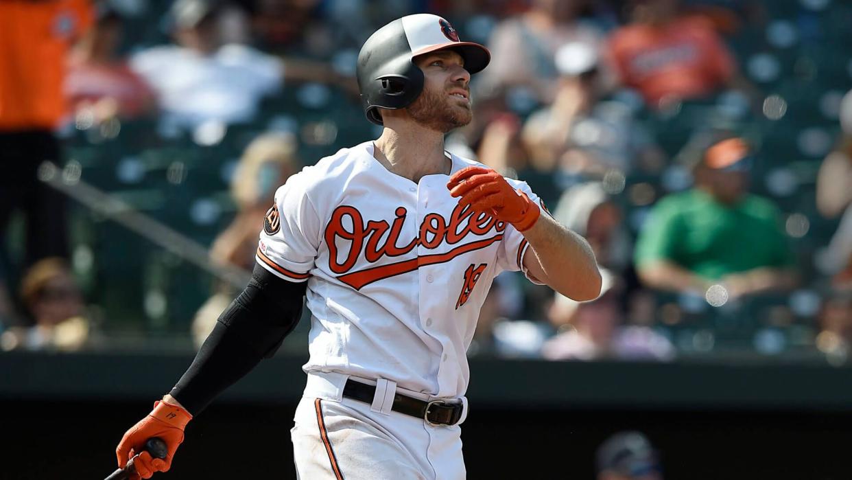 Mandatory Credit: Photo by Gail Burton/AP/Shutterstock (10421022e)Baltimore Orioles' Chris Davis follows through for a solo home run against the Seattle Mariners in the eighth inning of a baseball game, in BaltimoreMariners Orioles Baeseball, Baltimore, USA - 22 Sep 2019.