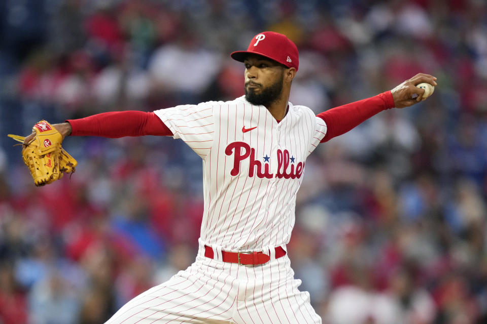 Philadelphia Phillies' Cristopher Sanchez pitches during the first inning of a baseball game against the New York Mets, Sunday, Sept. 24, 2023, in Philadelphia. (AP Photo/Matt Slocum)