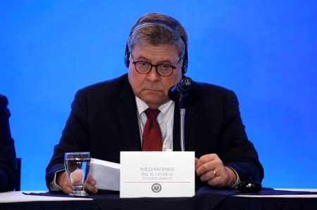 U.S. Attorney General William Barr participates in a news conference after a meeting with Attorney Generals of Northern Triangle of Central America in San Salvador