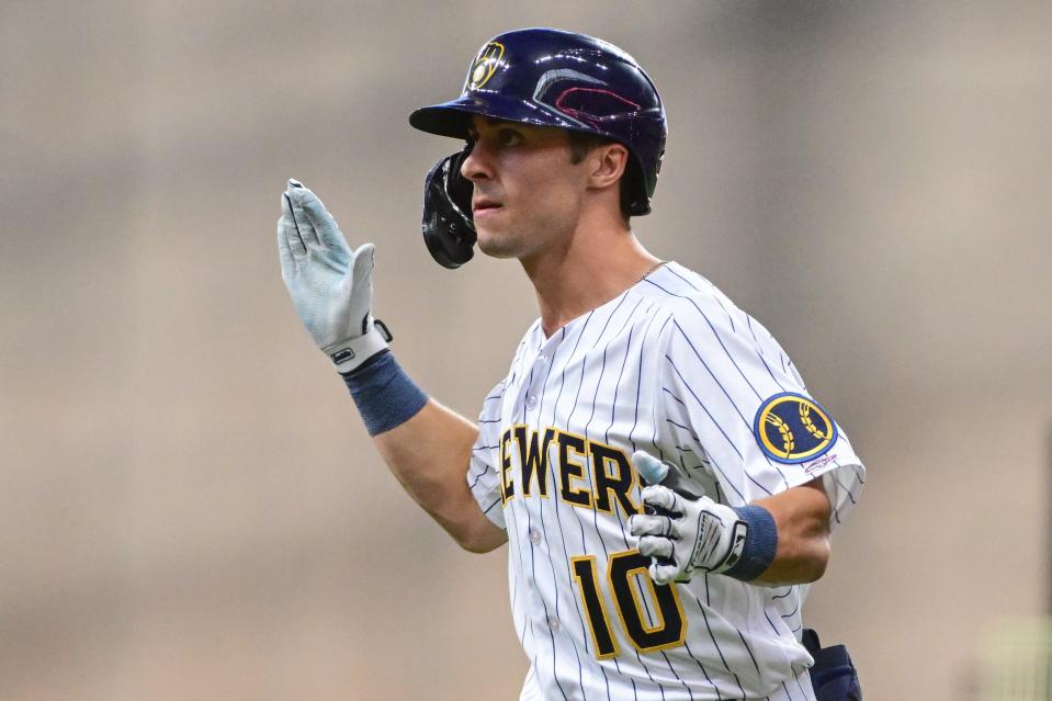 Jul 22, 2023; Milwaukee, Wisconsin, USA; Milwaukee Brewers right fielder Sal Frelick (10) reacts after getting a base hit in his first major league at bat in the second inning against the Atlanta Braves at American Family Field. Mandatory Credit: Benny Sieu-USA TODAY Sports