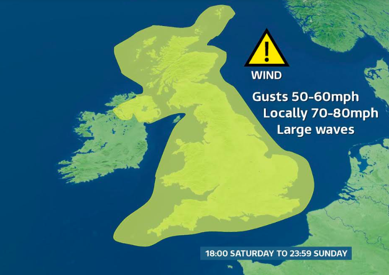 Winds of up to 80mph are expected to hit Britain