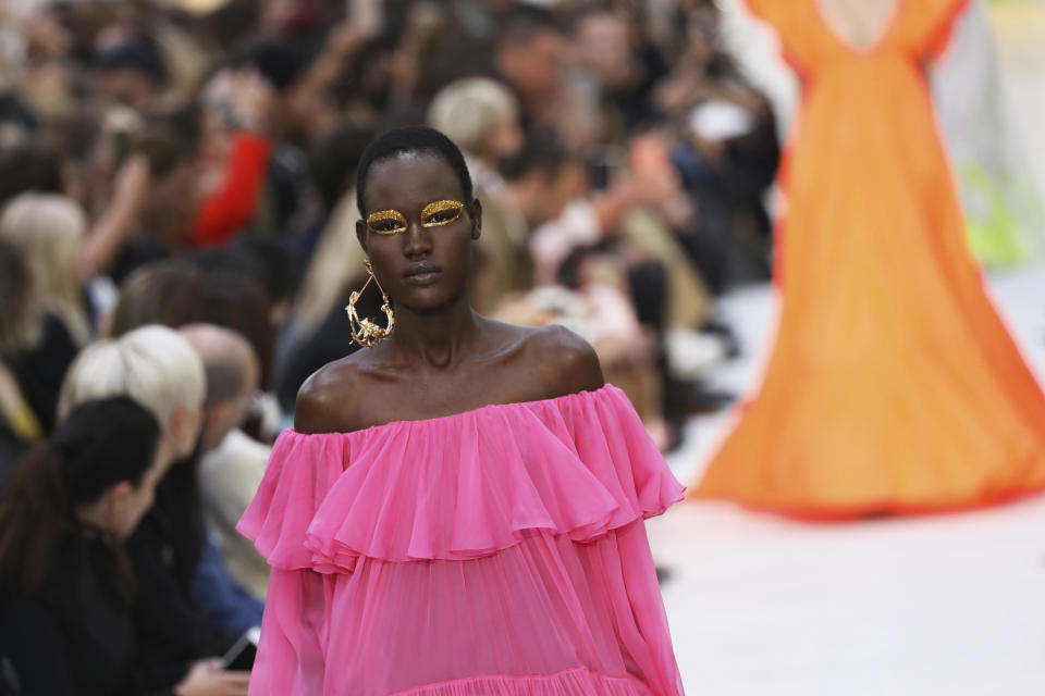 A model wears a creation as part of the Valentino Ready To Wear Spring-Summer 2020 collection, unveiled during the fashion week, in Paris, Sunday, Sept. 29, 2019. (Photo by Vianney Le Caer/Invision/AP)