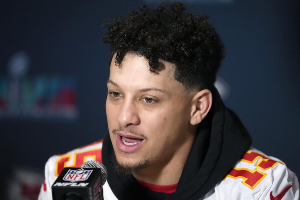 Kansas City Chiefs quarterback Patrick Mahomes answers a question during an NFL football media availability in Scottsdale, Ariz., Thursday, Feb. 9, 2023. The Chiefs will play against the Philadelphia Eagles in Super Bowl 57 on Sunday. (AP Photo/Ross D. Franklin)