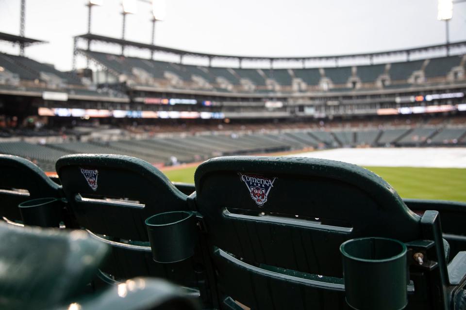 Rain delay at a Tigers game against Seattle Mariners at Comerica Park in Detroit, Tuesday, June 8, 2021.