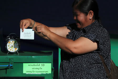 A voter casts their ballot as they vote at a polling station during the general election in Bangkok, Thailand, March 24, 2019. REUTERS/Athit Perawongmetha
