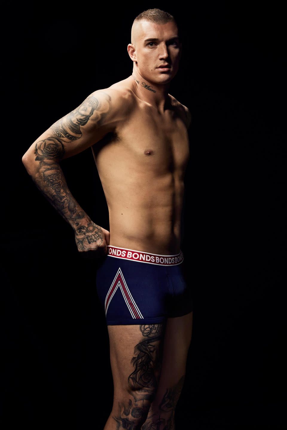 Dustin Martin recently got off his kit for a new campaign with Bonds. Source: Supplied