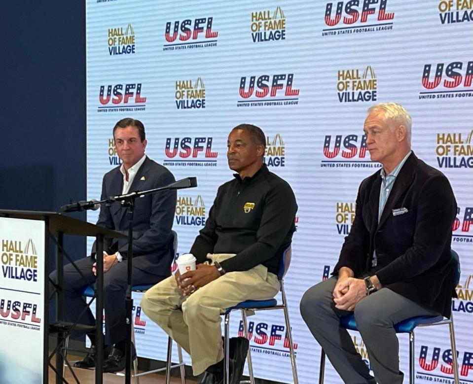 USFL and Hall of Fame Village officials held a press conference on Wednesday in Canton to announce plans for a second USFL season. From left are Michael Crawford, CEO of the Hall of Fame Resort & Entertainment Co.; Pittsburgh Maulers head coach Ray Horton; and Daryl Johnston, USFL vice president of operations.