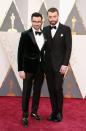 <p>Singer Sam Smith, right, wore a conventional three-piece, black tuxedo — and looks supersharp. His writing partner, Napes, wore velour in green. And without socks! </p>