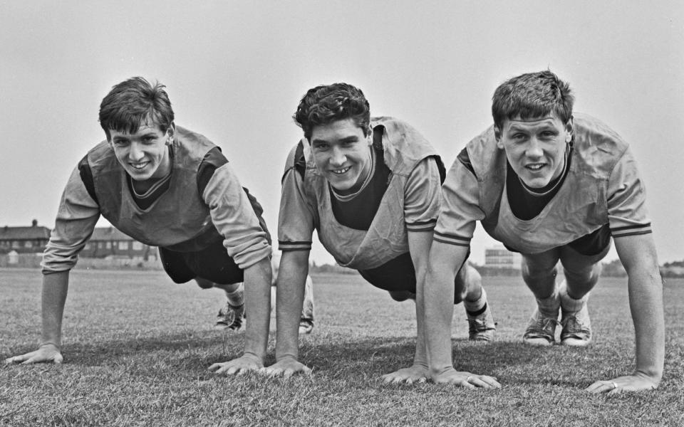 From left to right, footballers Martin Peters, Alan Sealey and Brian Dear of West Ham United take some exercise after winning the 1965 European Cup Winners' Cup - Brian Dear interview: ‘We were mainly from Barking, Dagenham, East Ham’ – West Ham’s European win - Evening Standard/Hulton Archive