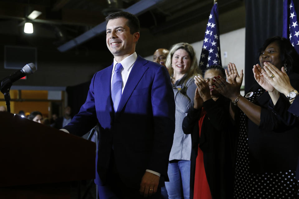 Democratic presidential candidate, former South Bend, Ind., Mayor Pete Buttigieg pauses as he speaks at a caucus night event, Saturday, Feb. 22, 2020, in Las Vegas. (AP Photo/Patrick Semansky)