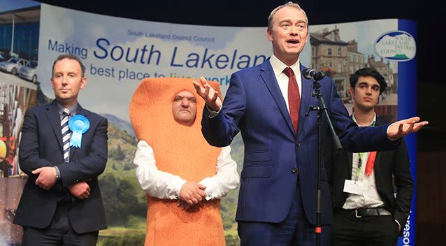 Liberal Democrats leader Tim Farron speaks at Kendal Leisure Centre in Cumbria, England after he held his seat in the constituency of Westmorland and Lonsdale in the general election. Mr Fish Finger in the background there. Picture: AAP