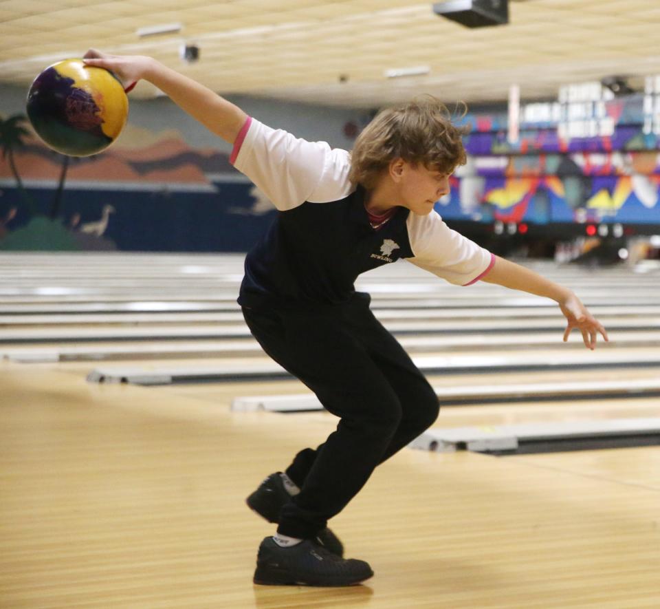 John Jay's Jaden Conto bowls during the Section 1 bowling championships in Fishkill on February 14, 2023.