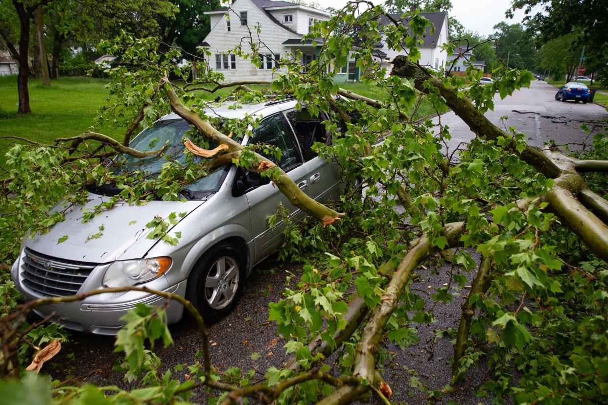A downed tree sits on Grace Smith's van in the 1100 block of Allen Street after a storm on Monday, May 13, 2024, in South Bend.