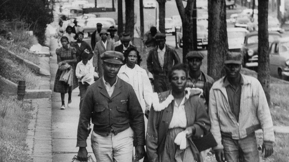 African Americans walk to work instead of riding the bus during the third month of an eventual 381-day bus boycott, Montgomery, Alabama, February 1956. - Don Cravens/The Chronicle Collection/Getty Images