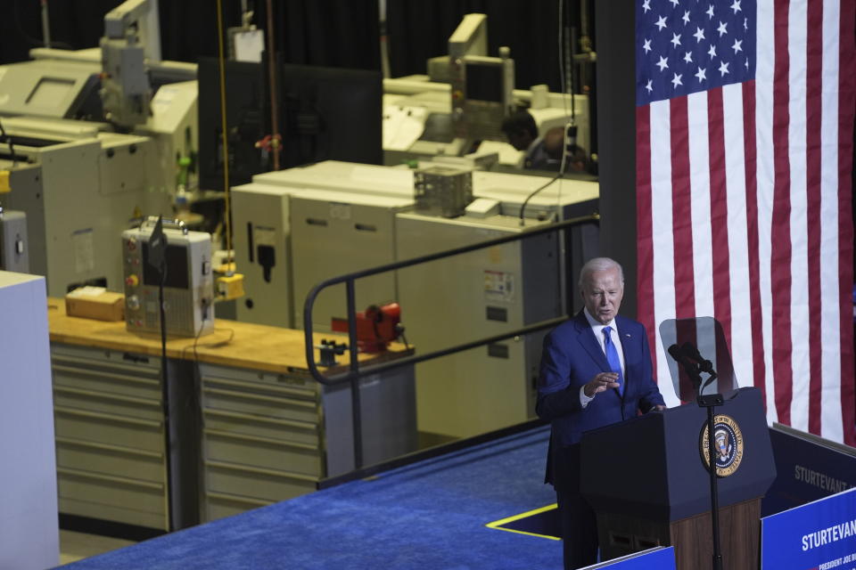 President Joe Biden delivers remarks on his "Investing in America agenda" at Gateway Technical College, Wednesday, May 8, 2024, in Sturtevant, Wis. (AP Photo/Evan Vucci)