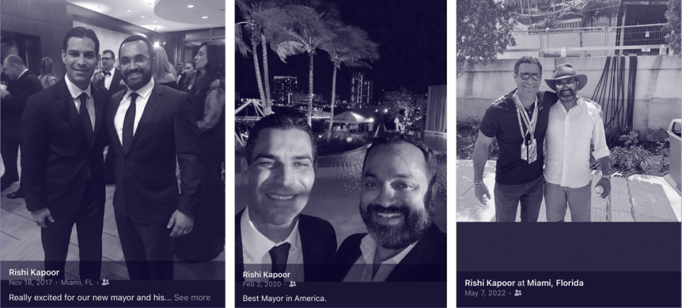 Fotos de la página de Facebook de Rishi Kapoor que muestran la incipiente relación entre él y el alcalde de Miami Francis Suárez a lo largo de los años. En el pie de foto de 2020, al centro, Kapoor describe a Suárez como "el mejor alcalde de Estados Unidos".