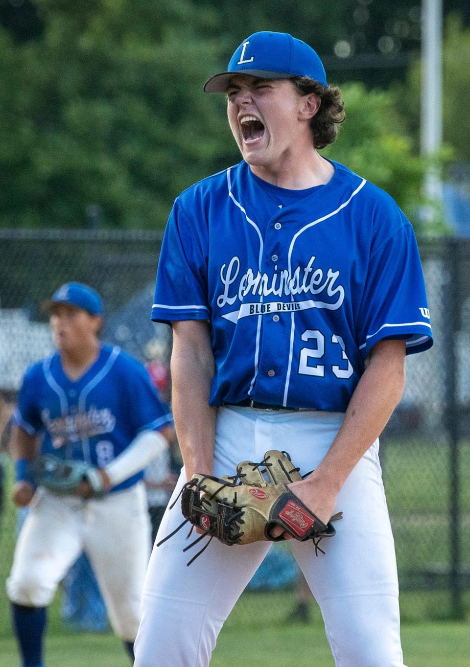 Evan McCarthy celebrates after striking out a St. John's batter to seal a win in a Division 1 Central quarterfinal in 2021.