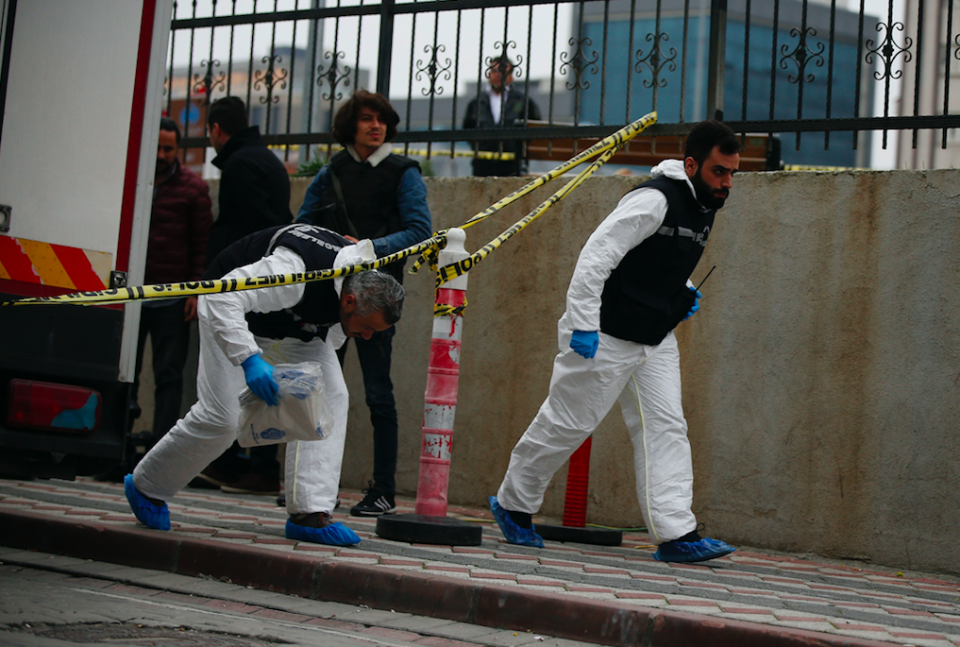 <em>Turkish police crime scene investigators look for possible clues into the killing of the Saudi journalist (AP)</em>