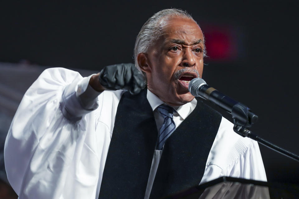 FILE - In this June 9, 2020 file photo, the Rev. Al Sharpton speaks during the funeral for George Floyd at The Fountain of Praise church in Houston. A national commemoration of the 1963 civil rights March on Washington is being reconfigured to comply with coronavirus protocols in the District of Columbia. This comes amid widespread protests and unrest over the police killings of Black Americans. Although many marchers will arrive via charter buses from surrounding communities on Aug. 28, the Rev. Al Sharpton will ask others to join satellite marches in states that are considered hot spots for COVID-19. (Godofredo A. Vásquez/Houston Chronicle via AP, Pool)