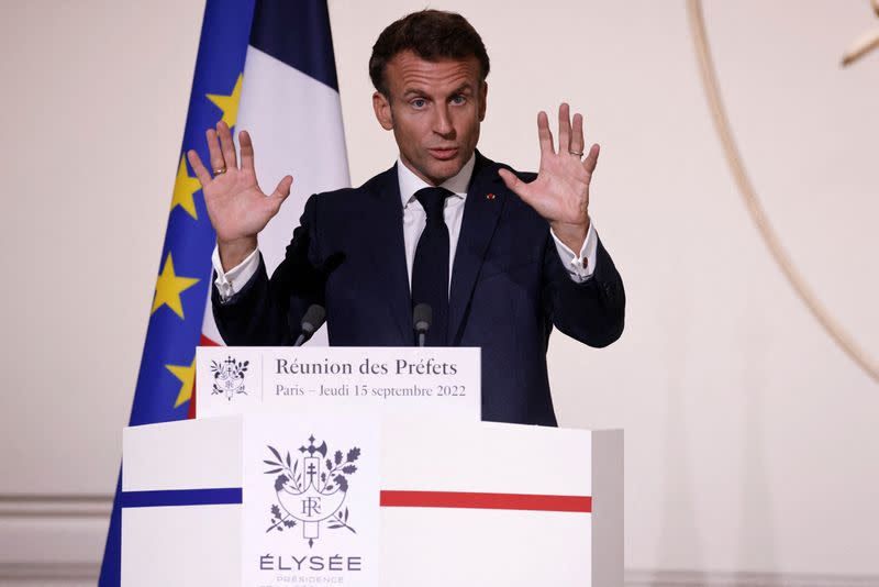 FILE PHOTO: French President Emmanuel Macron delivers a speech during a reception for France's prefects in Paris