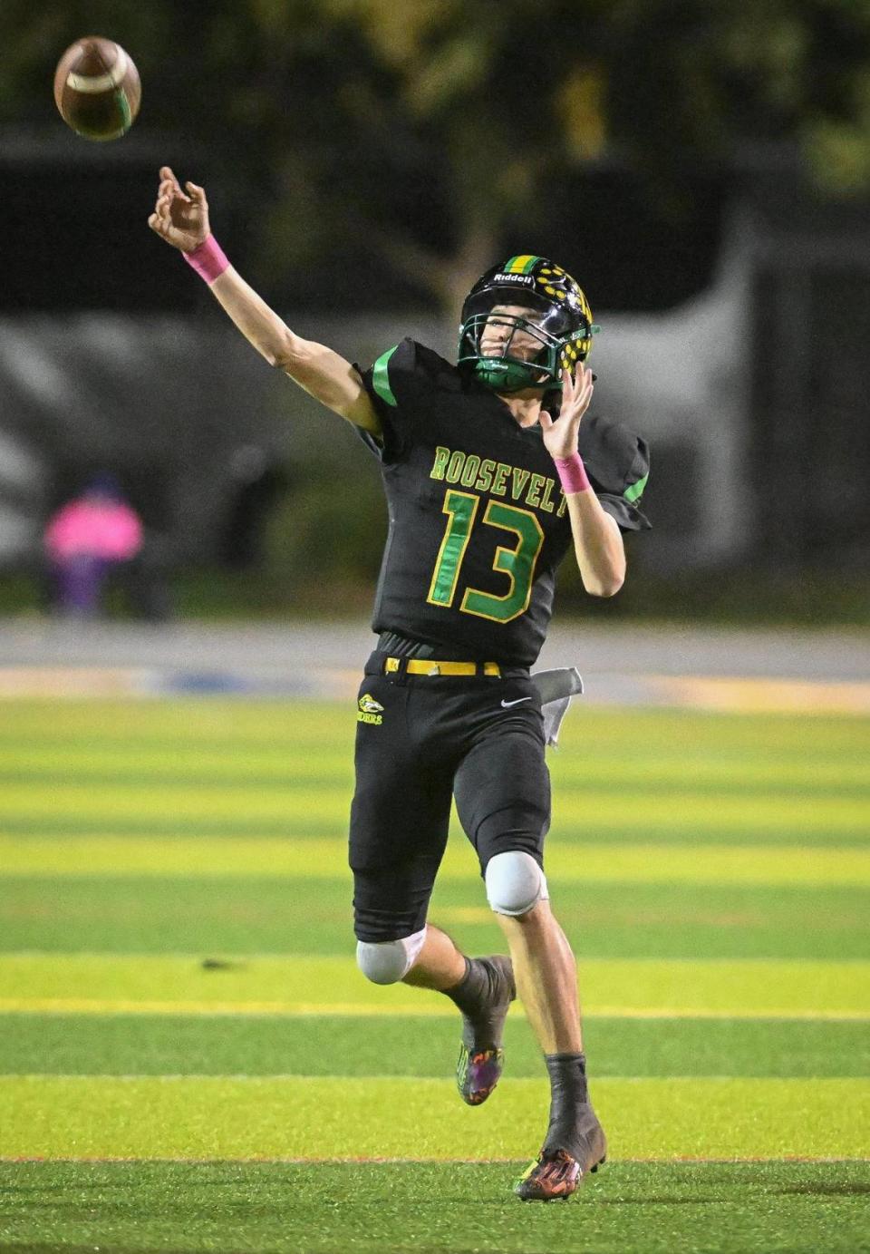 Roosevelt quarterback Jackson Kloster throws a deep ball against Fresno High during the annual Little Big Game at Sunnyside High School Stadium on Friday, Oct. 27, 2023.