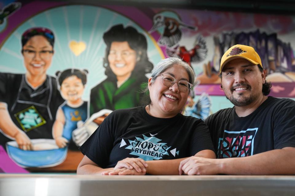 Hope (left) and her husband Aaron Peshlakai, co-owners, pose for a portrait at the soon to open Hope's Frybread Restaurant on Sept. 29, 2022, in Mesa. The pair had been making and selling frybread for 10 years and finally decided to open a brick-and-mortar location. &quot;It was either this or a food truck and I didn't want to stand in 105¼ in a heat tank,&quot; Hope Peshlakai said.