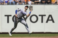 Los Angeles Dodgers left fielder Joey Gallo catches a flyout hit by San Francisco Giants' Luis Gonzalez during the fifth inning of a baseball game in San Francisco, Thursday, Aug. 4, 2022. (AP Photo/Jeff Chiu)
