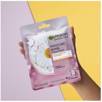 Nourish and restore your skin with this chamomile sheet mask. It contains moisturising hyaluronic acid, soothing lavender, exfoliating pomegranate extract, and more.