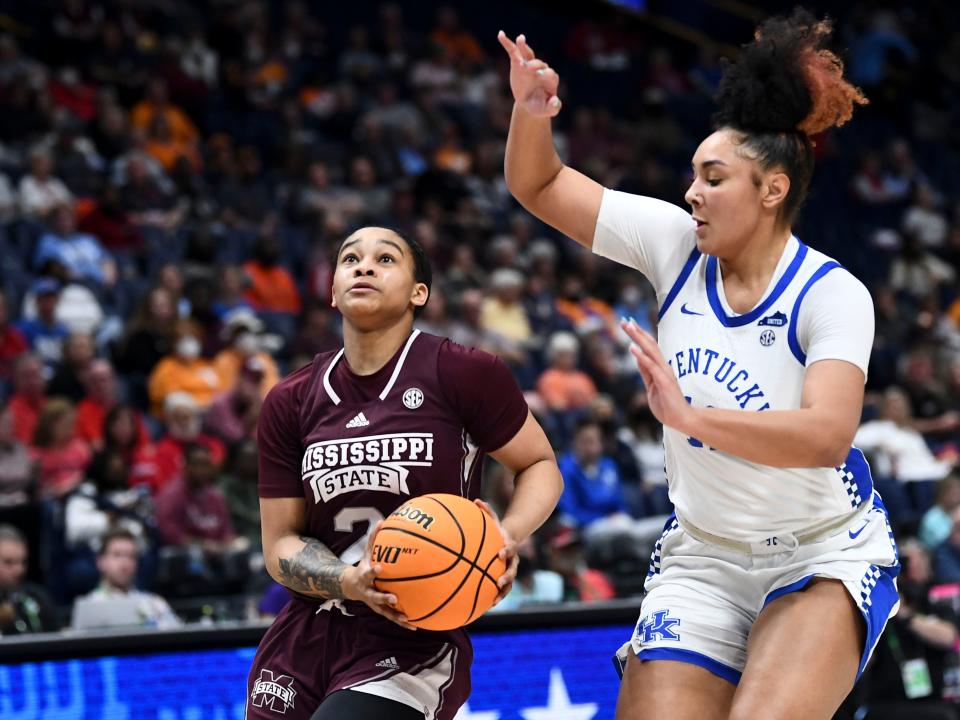 Mississippi State guard JerKaila Jordan (2) drives towards the basket while guarded by Kentucky guard Treasure Hunt (12) during the SEC Women's Basketball Tournament game in Nashville, Tenn. on Thursday, March 3, 2022. 