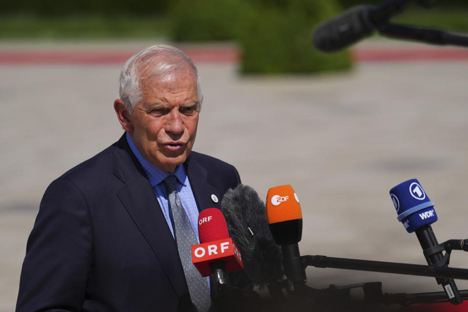 European Union foreign policy chief Josep Borrell speaks with the media as he arrives for the European Political Community Summit at the Mimi Castle in Bulboaca, Moldova, Thursday, June 1, 2023. Leaders are meeting in Moldova Thursday for a summit aiming to show a united front in the face of Russia's war in Ukraine and underscore support for the Eastern European country's ambitions to draw closer to the West and keep Moscow at bay. (Carl Court/Pool Photo via AP)