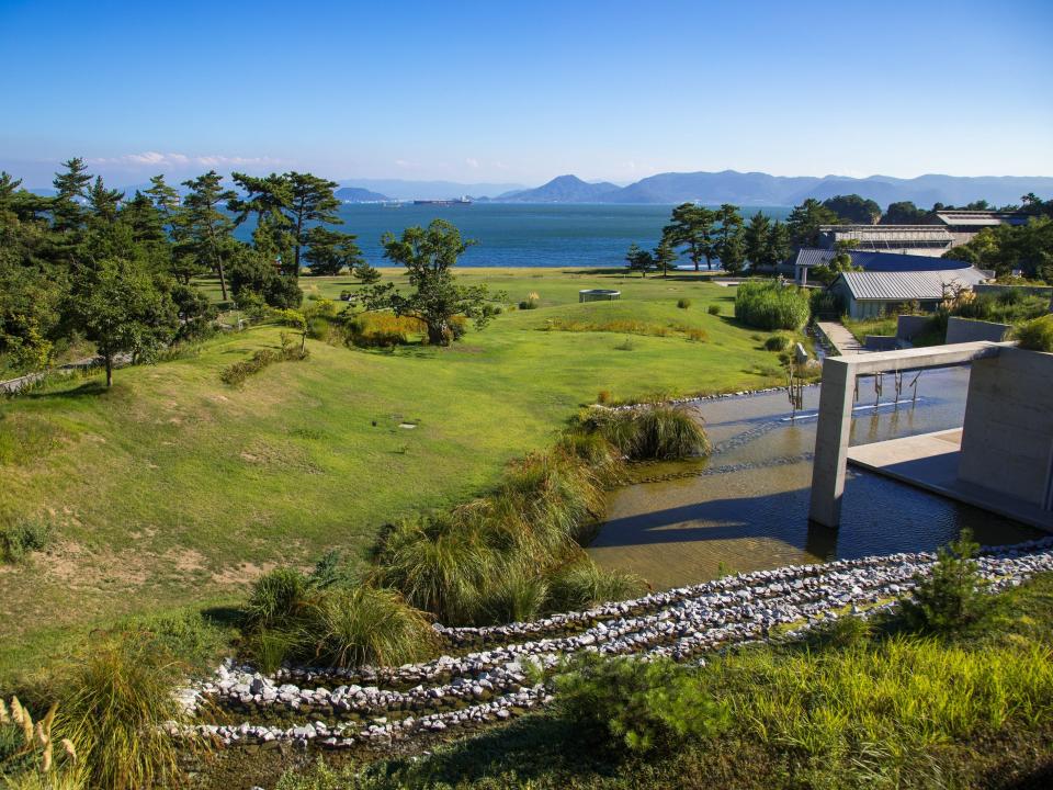 NAOSHIMA, JAPAN - AUGUST 24: Benesse house garden, Seto Inland Sea, Naoshima, Japan on August 24, 2017 in Naoshima, Japan. (Photo by Eric Lafforgue/Art In All Of Us/Corbis via Getty Images)