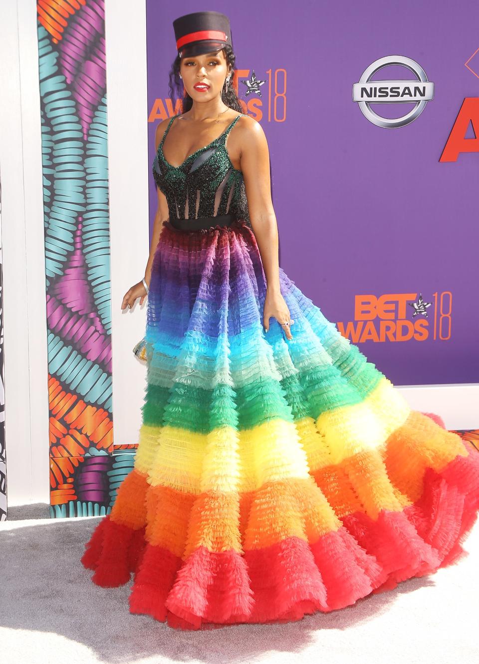 LOS ANGELES, CA - JUNE 24:  Janelle Monae arrives to the 2018 BET Awards held  at Microsoft Theater on June 24, 2018 in Los Angeles, California.  (Photo by Michael Tran/FilmMagic)