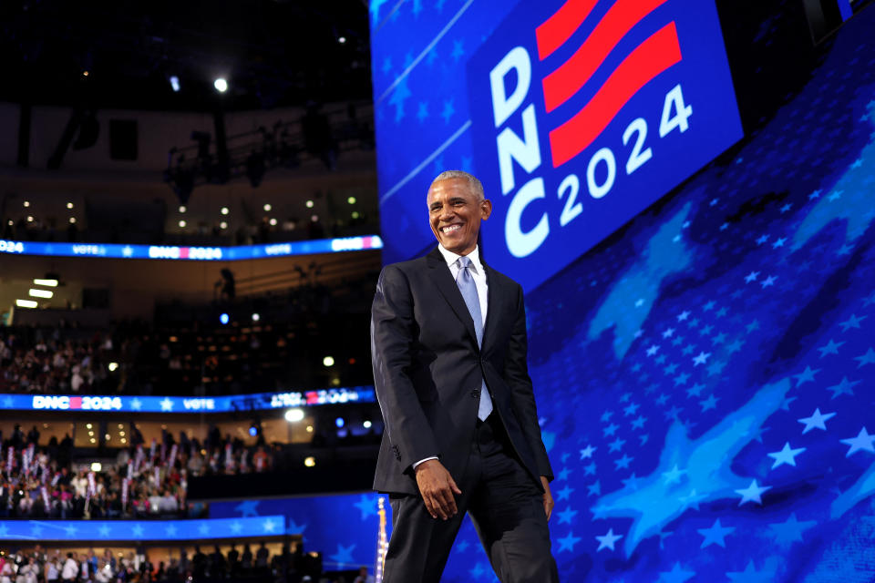 TOPSHOT - Former US President Barack Obama walks off stage after speaking on the second day of the Democratic National Convention (DNC) at the United Center in Chicago, Illinois, on August 20, 2024. Vice President Kamala Harris will formally accept the party's nomination for president at the DNC which runs from August 19-22 in Chicago. (Photo by CHARLY TRIBALLEAU / AFP) (Photo by CHARLY TRIBALLEAU/AFP via Getty Images)