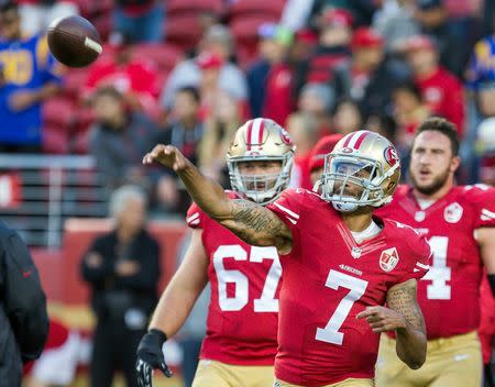 Sep 12, 2016; Santa Clara, CA, USA; San Francisco 49ers quarterback Colin Kaepernick (7) throws during warm ups before the game against the Los Angeles Rams at Lev'i's Stadium. Mandatory Credit: Kelley L Cox-USA TODAY Sports