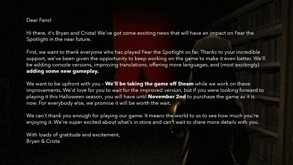 Fear the Spotlight continued development announcement