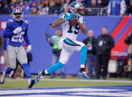 Dec 20, 2015; East Rutherford, NJ, USA; Carolina Panthers wide receiver Ted Ginn (19) scores touchdown during the third quarter against the New York Giants at MetLife Stadium. Mandatory Credit: Jim O'Connor-USA TODAY Sports