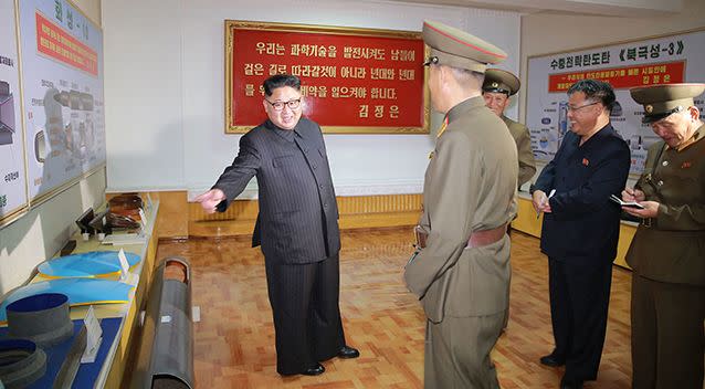 Kim Jong Un visits the Chemical Material Institute of Academy of Defense Science at an undisclosed location in North Korea. Source: AFP/KCNA via AAP