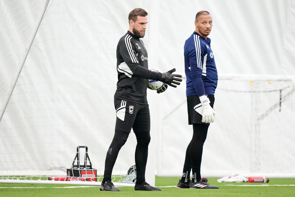 Jan 11, 2023; Columbus, Ohio, USA;  Columbus Crew goaltending coach Phil Boerger works with goalkeeper Eloy Room during training at the OhioHealth Performance Center. Mandatory Credit: Adam Cairns-The Columbus Dispatch