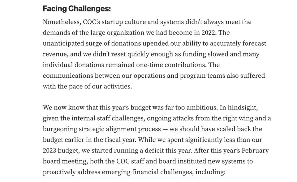A screenshot from the Color of Change medium post. A subheadline titled "Facing Challenges" introduces two paragraphs acknowledging issues managing money.