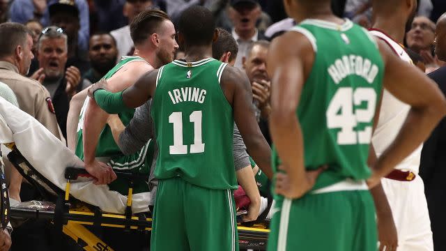 Hayward left the court on a stretcher. Image: Getty